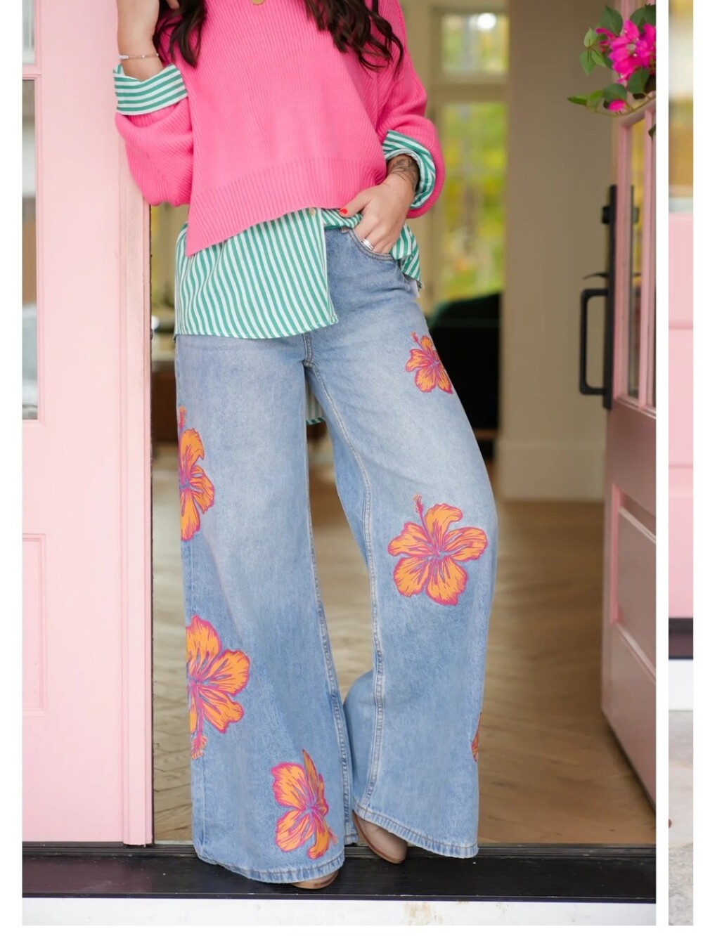 Wide-Leg Floral Appliqué Jeans - Pink & Orange Hibiscus By Oli And Hali NWT XL